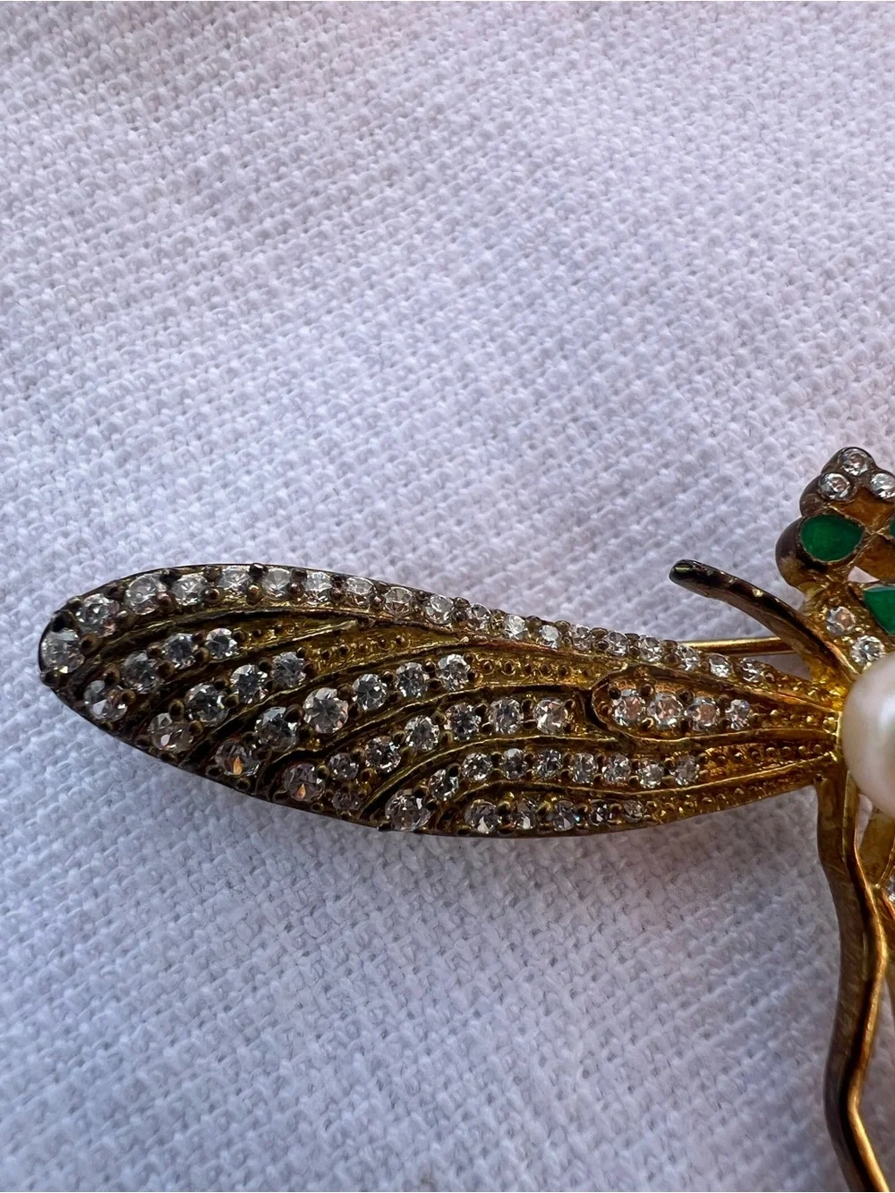 Vintage Art Deco Gold Dragonfly Brooch with Pearl Crystal and Green Accents